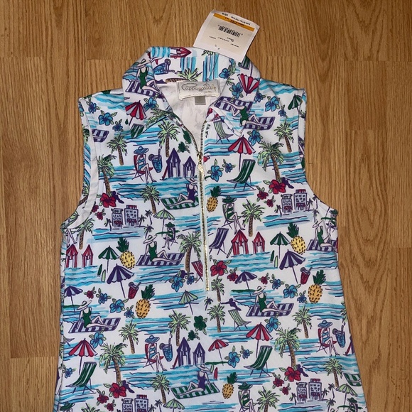 NWT Cappagallo Sleeveless Aqua Beach Print Collared Quarter Zip Dress Size Small - Picture 4 of 6